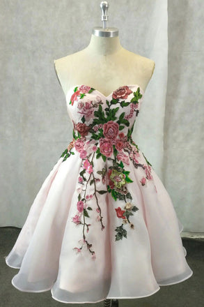 Light Pink Sweetheart Tulle Applique Short Prom Dress Homecoming Gown with Flower UQH0170