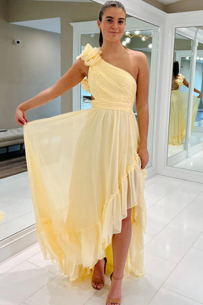 Light Yellow A-line Sleeveless One Shoulder Long Prom Dress with Ruffles UQP0367