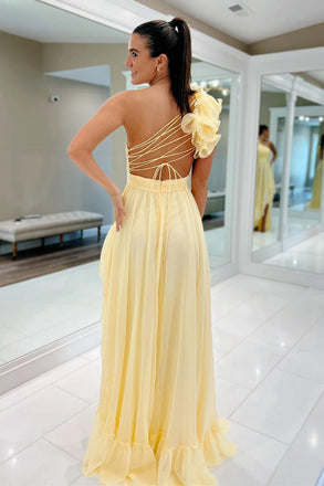 Light Yellow A-line Sleeveless One Shoulder Long Prom Dress with Ruffles UQP0367