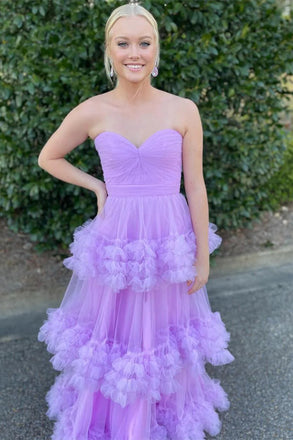 Lilac Sweetheart Tulle Long Prom Dress with Ruffles, A Line Floor Length Formal Gown UQP0287