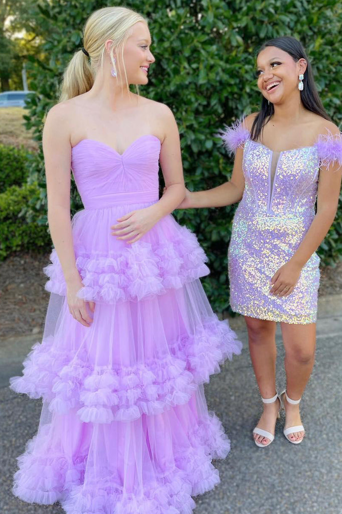 Lilac Sweetheart Tulle Long Prom Dress with Ruffles, A Line Floor Length Formal Gown UQP0287