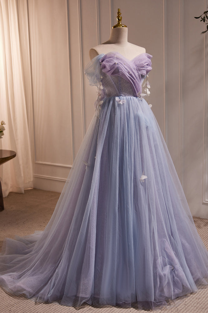 Purple Tulle Off the Shoulder Cute Short Homecoming Dress Prom Gown with Butterfly UQH0156