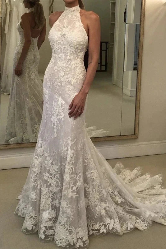 Charming Halter Sleeveless Mermaid Wedding Dress, Backless Lace Bridal Gown UQW0105
