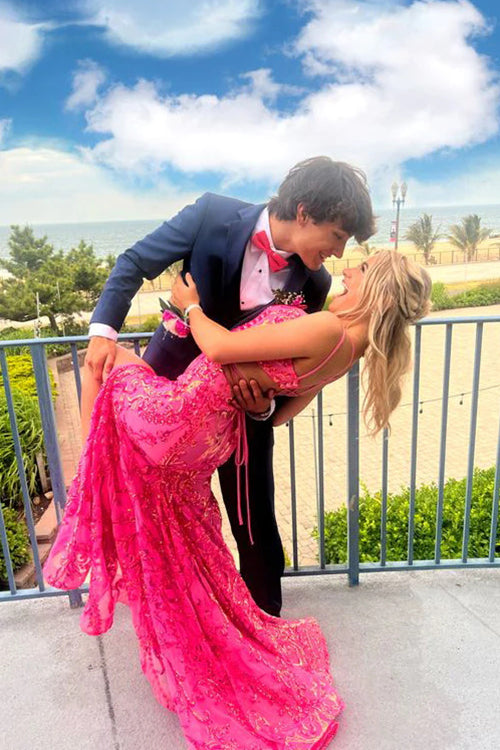 Pink Spaghetti Straps Mermaid Long Prom Dress with Slit, Long Formal G Uniquedresss Pink Spaghetti Straps Mermaid Long Prom Dress with Slit, Long Formal G Uniquedresss