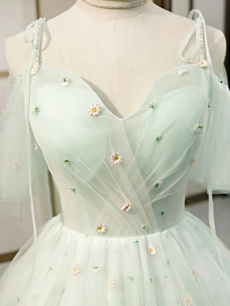 Mint Green Sweetheart Neck Tulle Short Prom Dresses, Puffy Homecoming Gown with Flower UQH0206