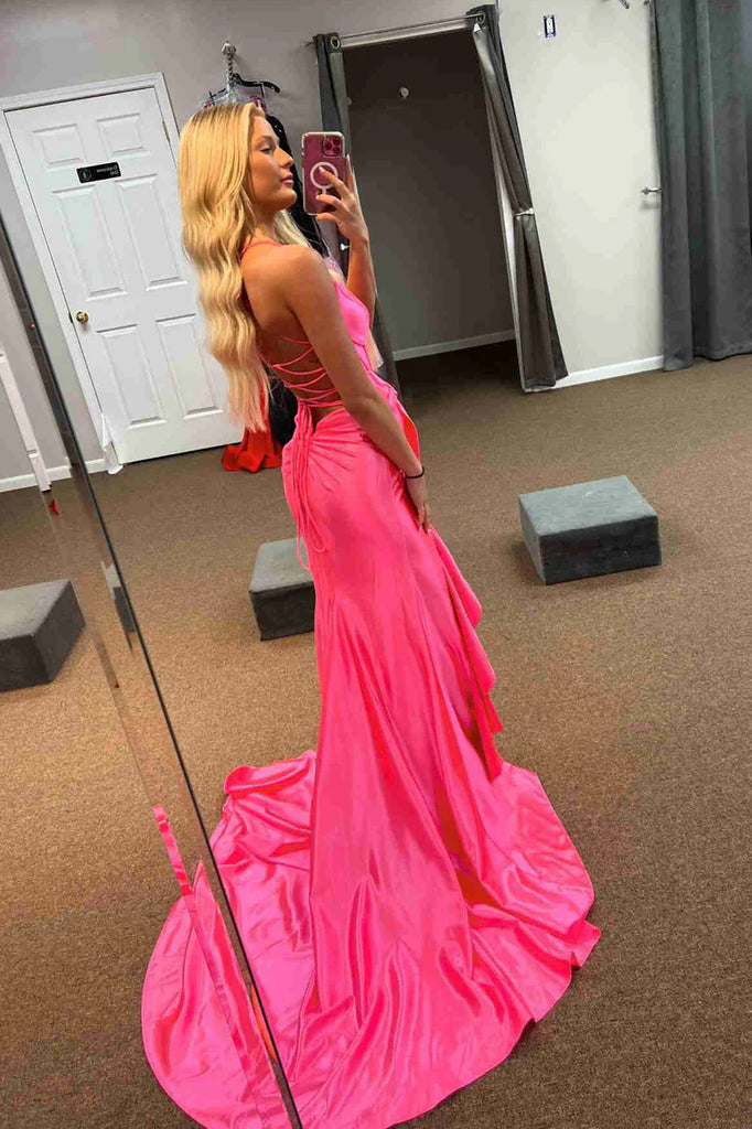 Spaghetti Straps Satin Memaid Long Prom Dress, New Arrival Party Gown with Bowknot UQP0353