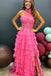 A Line Tiered Sleeveless Long Prom Dresses with Lace Bodice and Ruffle Skirt UQP0258