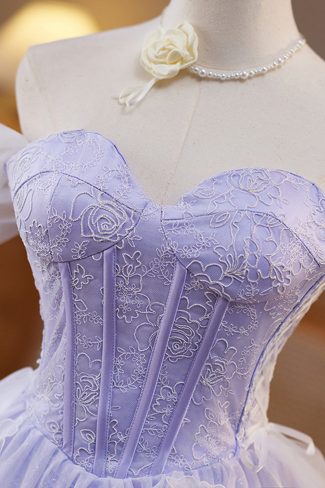 Princess Off the Shoulder Tulle Homecoming Dress with Lace, Lavender Prom Gown UQH0285