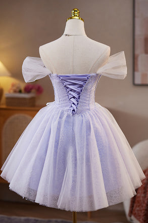 Princess Off the Shoulder Tulle Homecoming Dress with Lace, Lavender Prom Gown UQH0285