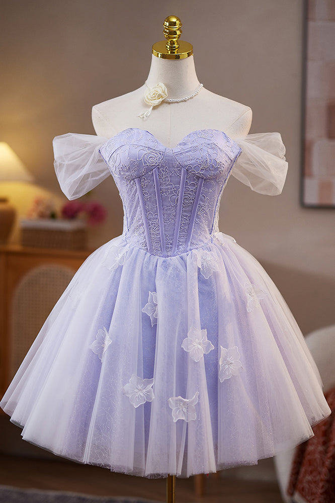 Princess Off the Shoulder Tulle Homecoming Dress with Lace, Lavender Prom Gown UQH0285