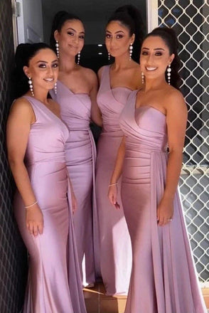 One Shoulder Silk Satin Mermaid Bridesmaid Dresses Long Wedding Party Gowns UQB0031