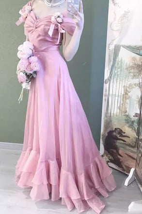 New Arrive Pink Long Prom Dress with Cap Sleeves, A Line Long Evening Gown UQP0317