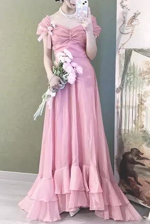 New Arrive Pink Long Prom Dress with Cap Sleeves, A Line Long Evening Gown UQP0317