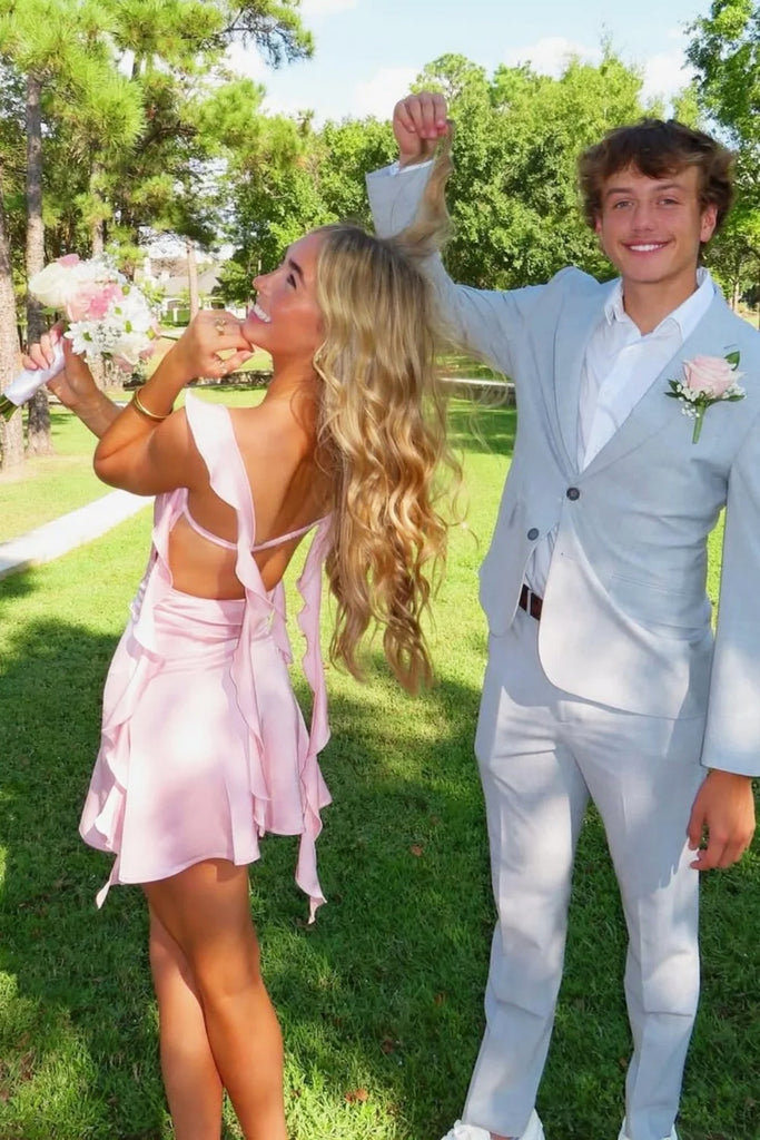 Pink Straps Mini Homecoming Dress, Backless Short Prom Dress UQH0268