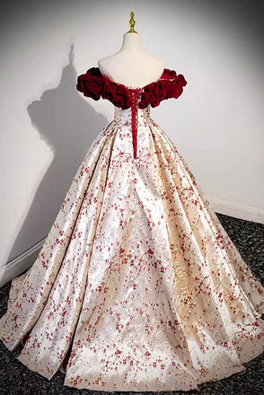 Princess Off the Shoulder Long Quinceanera Dress, Printed Prom Gown UQP0296