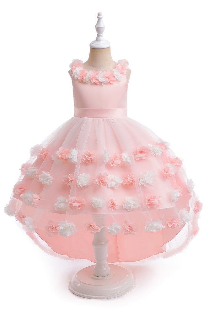 High Low Sleeveless Tulle Flower Girl Dress with Flowers, Princess Children Dress UQF0005