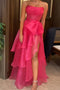 Pink Strapless Organza Long Prom Dress, Tiered Evening Formal Gown With Slit UQP0320