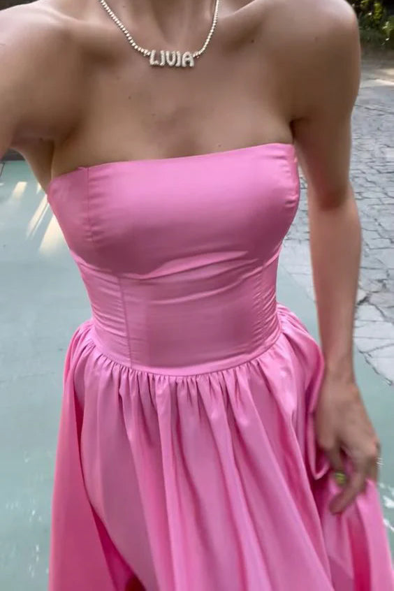 Pink Strapless High Leg Split Prom Dress Floor Length Party Dresses UQP0342