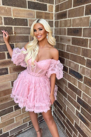 A Line Off the Shoulder Tulle Homecoming Dress with Ruffle, New Style Short Prom Gown UQH0169