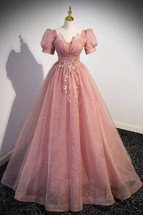 Pink Tulle Long Prom Dress with Short Sleeves, Sparkly Floor Length Party Gown UQP0309