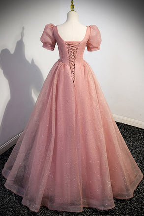 Pink Tulle Long Prom Dress with Short Sleeves, Sparkly Floor Length Party Gown UQP0309