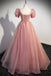 Pink Tulle Long Prom Dress with Short Sleeves, Sparkly Floor Length Party Gown UQP0309