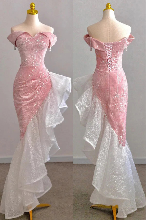 Pink Mermaid Off the Shoulder Prom Gown with Sequins, Sparkly Formal Dresses UQP0264