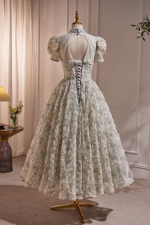 Princess A Line High Neck Tea Length Prom Dress, Homecoming Gown with Beads UQH0164