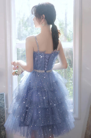 Sparkly Spaghetti Straps Blue Knee Length Prom Dress, Puffy Tulle Homecoming Gown UQH0180