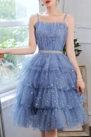 Sparkly Spaghetti Straps Blue Knee Length Prom Dress, Puffy Tulle Homecoming Gown UQH0180