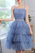 Sparkly Spaghetti Straps Blue Knee Length Prom Dress, Puffy Tulle Homecoming Gown UQH0180