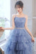 Sparkly Spaghetti Straps Blue Knee Length Prom Dress, Puffy Tulle Homecoming Gown UQH0180