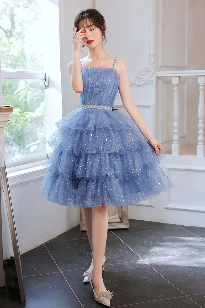 Sparkly Spaghetti Straps Blue Knee Length Prom Dress, Puffy Tulle Home Uniquedresss Sparkly Spaghetti Straps Blue Knee Length Prom Dress, Puffy Tulle Home Uniquedresss