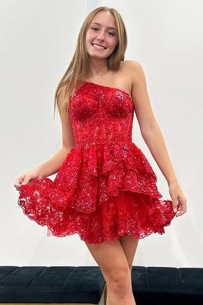 Red Sparkly One Shoulder Short Homecoming Dress with Sequin, Graduation Dress UQH0178