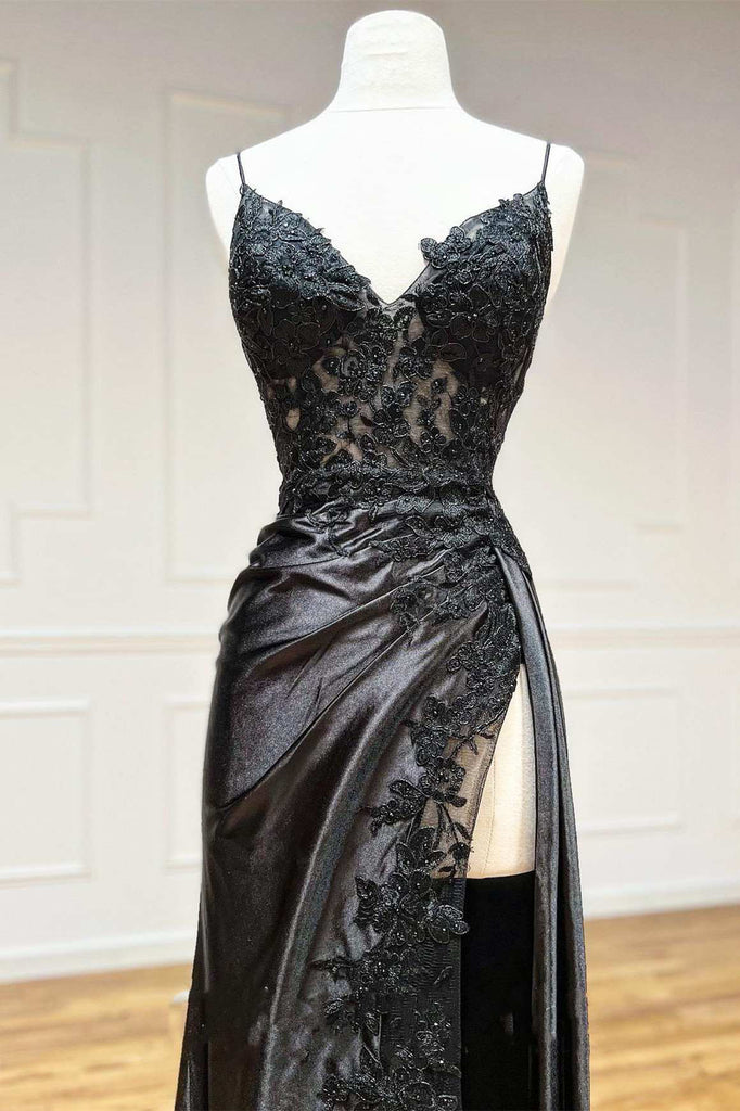 Black Spaghetti Straps Split Lace Applique Prom Dress, Long Formal Gown UQP0295