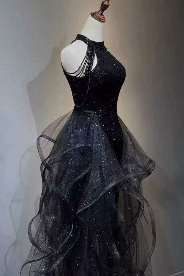 Sparkly Black Sleeveless Sequined Long Prom Dress with Ruffles, Mermai