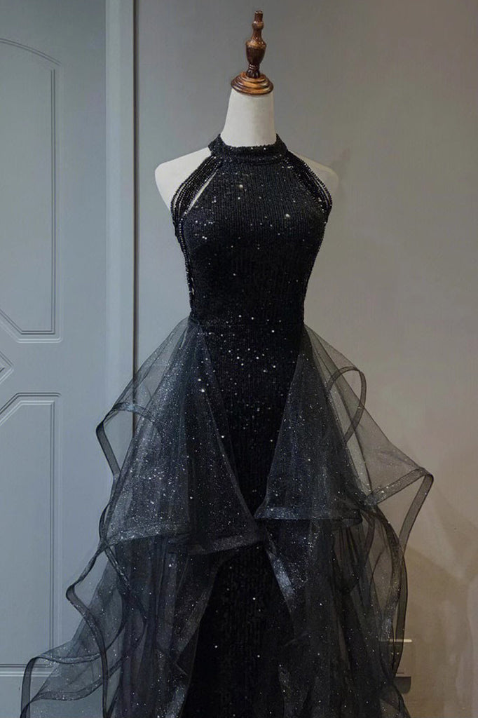 Sparkly Black Sleeveless Sequined Long Prom Dress with Ruffles, Mermaid Evening Gown UQP0313