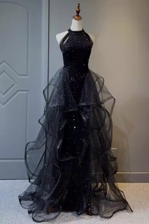 Sparkly Black Sleeveless Sequined Long Prom Dress with Ruffles, Mermaid Evening Gown UQP0313