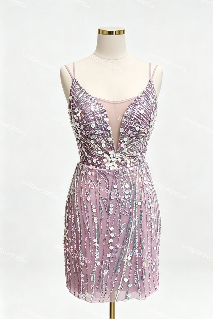Spaghetti Straps Sequin Sheath Mini Homecoming Dress, Short Cocktail Party Gown UQH0279