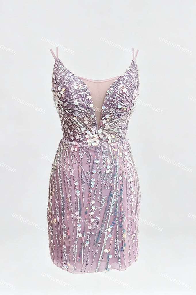 Spaghetti Straps Sequin Sheath Mini Homecoming Dress, Short Cocktail Party Gown UQH0279