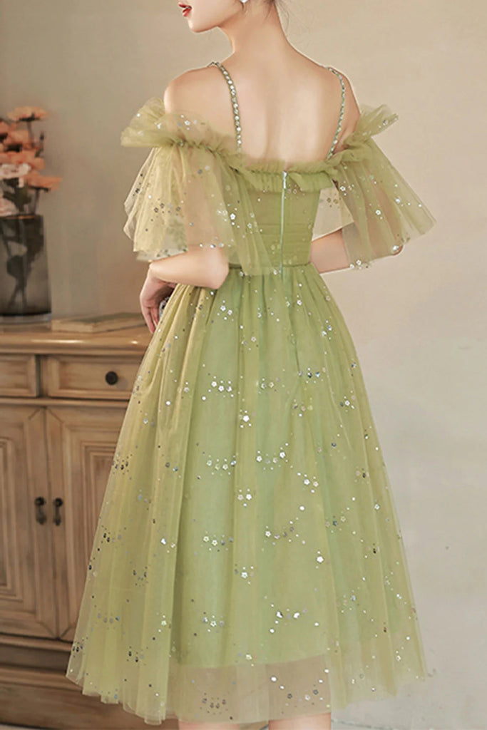 Sparkly Green Tulle Knee Length Prom Dress, Off the Shoulder Homecoming Gown UQH0185