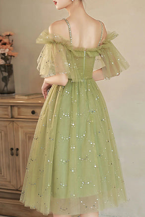 Sparkly Green Tulle Knee Length Prom Dress, Off the Shoulder Homecoming Gown UQH0185