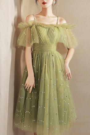 Sparkly Green Tulle Knee Length Prom Dress, Off the Shoulder Homecoming Gown UQH0185