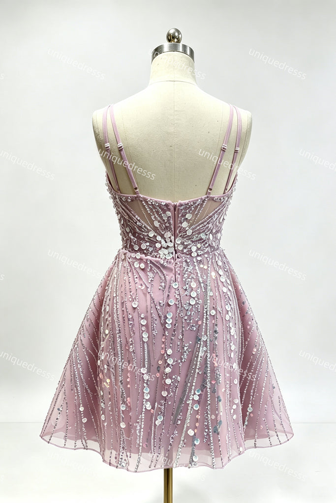 Spaghetti Straps A Line Sequin Mini Homecoming Dress, Short Cocktail Party Gown UQH0280