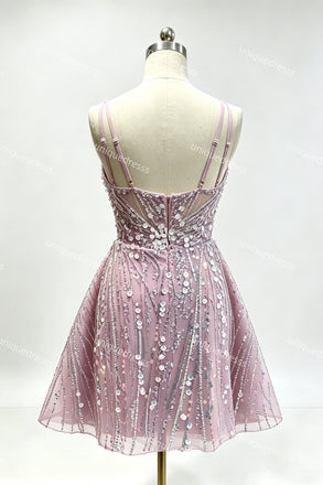 Spaghetti Straps A Line Sequin Mini Homecoming Dress, Short Cocktail Party Gown UQH0280