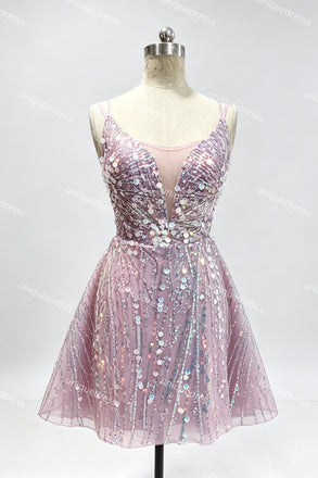 Spaghetti Straps A Line Sequin Mini Homecoming Dress, Short Cocktail Party Gown UQH0280