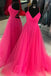 Spaghetti Straps Tulle Prom Dress, Floor Length V Neck Split Party Dresses UQ2589