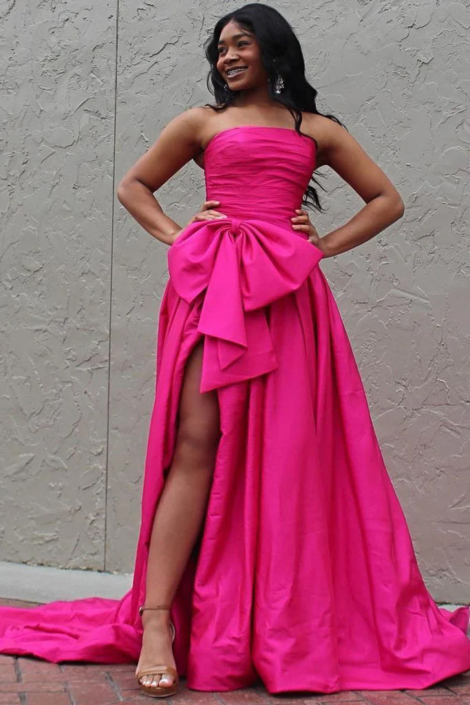 A Line Strapless Satin Long Prom Dress, Evening Formal Gown With Bowknot UQP0326