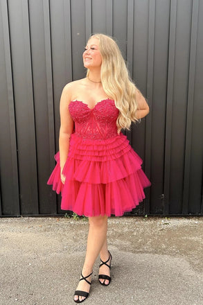 A Line Lace Appliques Tulle Layered Homecoming Dress, Sweetheart Short Prom Gown UQH0154