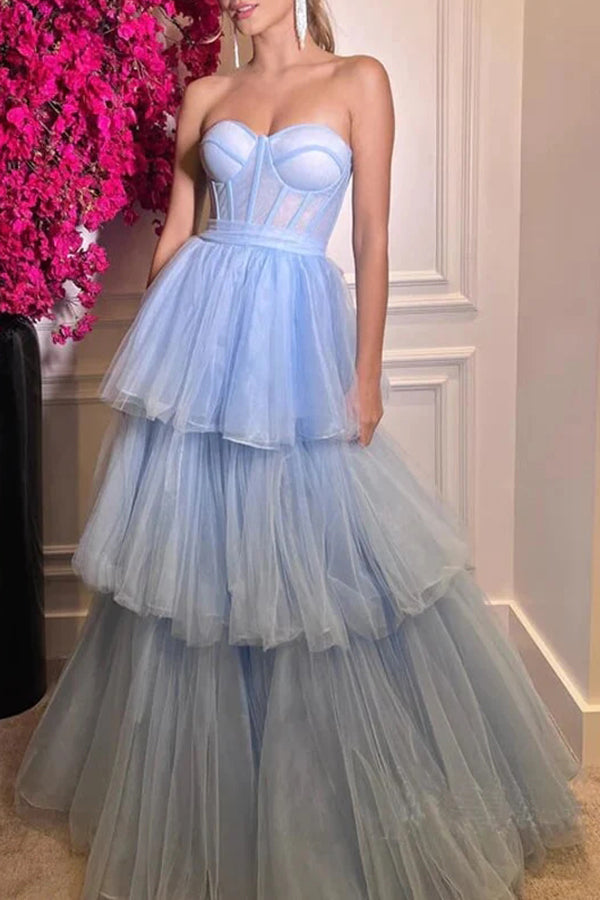 A-line Sweetheart Tulle Tiered Prom Dresses, Floor Length Formal Dress with Sash UQP0275